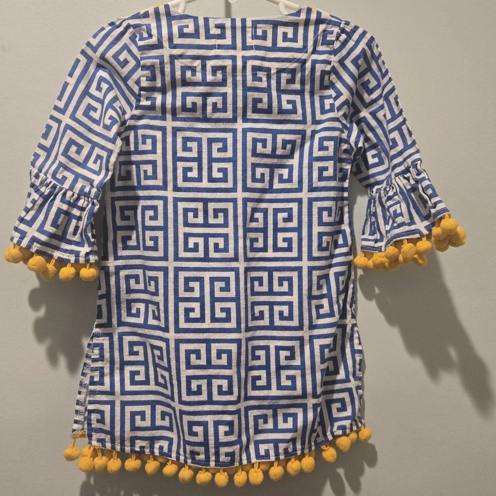 Mudpie Tunic Dress Swim Cover-up Blue and Yellow Girls 4T Pompoms‎ Geometric